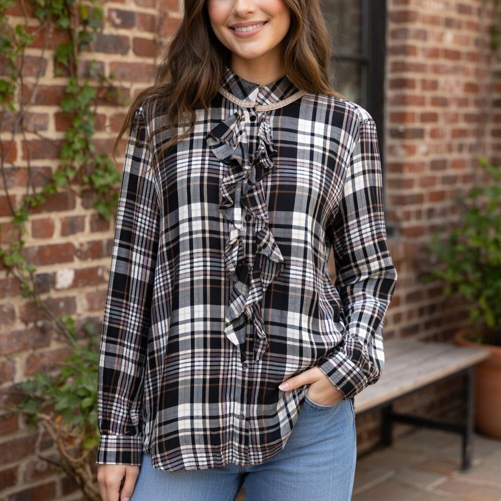 Chico's Brown Plaid Ruffle Button Front  Long Sleeve Top 2